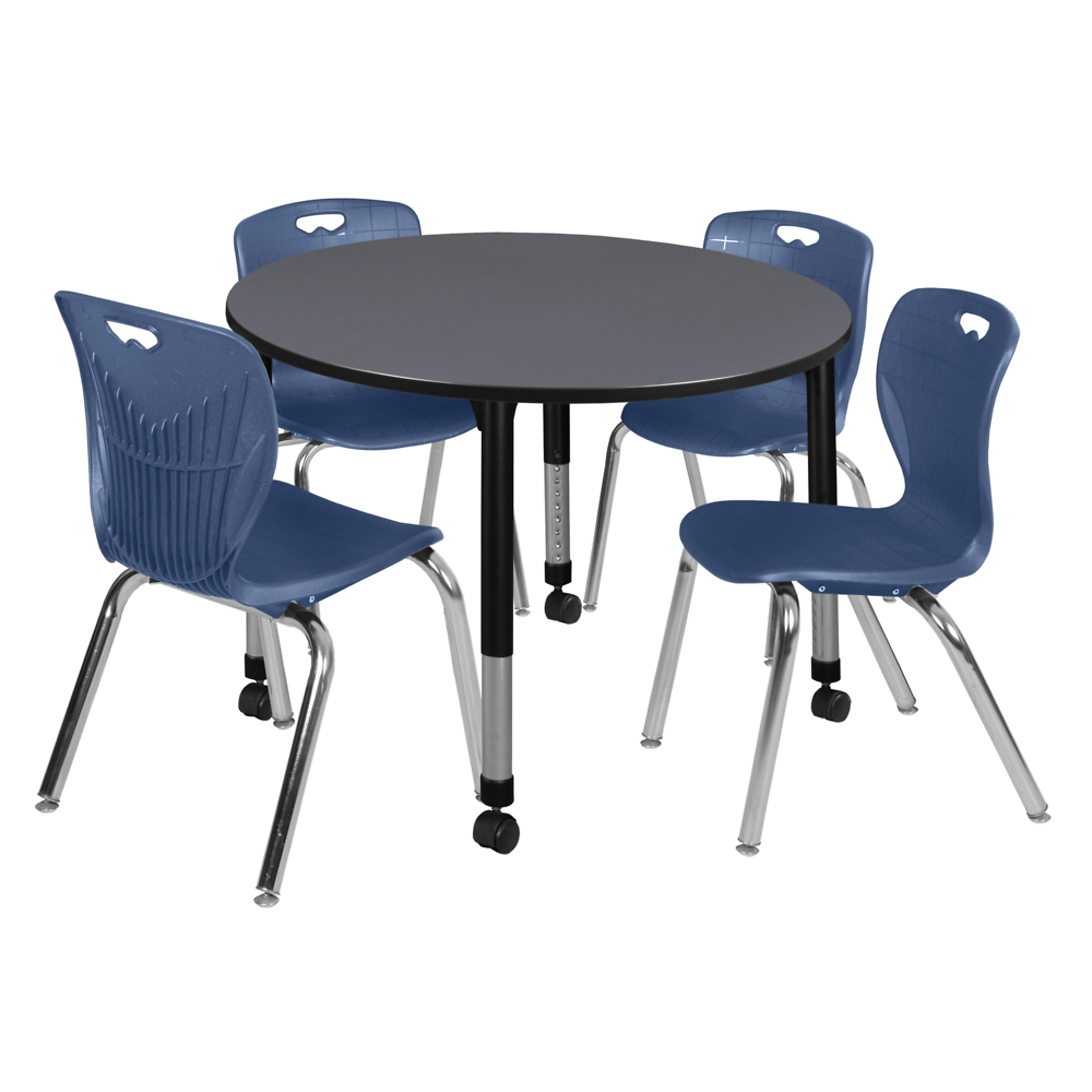 Regency Kee Round Adjustable Classroom Table with 4 Andy Stack Chairs — 48in., Grey/Navy Blue, Model# TB48RNDGYAPCBK40NV